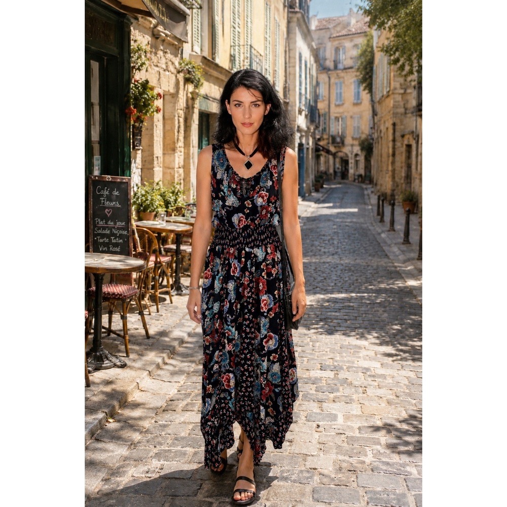 Boho Floral Dress BIlla L Maxi Sleeveless Smocked Waist Handkerchief Hem Peasant